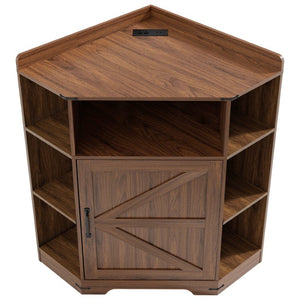 English Elm Corner Storage Shelf with USB Charging Industrial Wood Six Cubby Organizer for Living Room Walnut W6018P577721