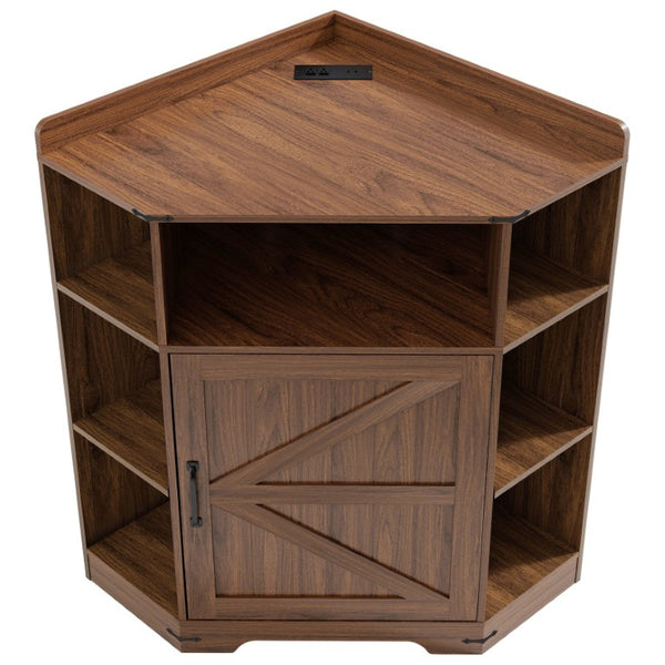 English Elm Corner Storage Shelf with USB Charging Industrial Wood Six Cubby Organizer for Living Room Walnut W6018P577721