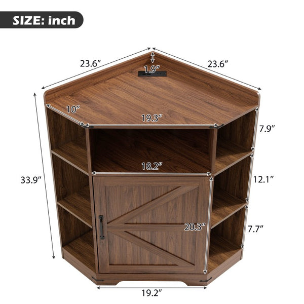 English Elm Corner Storage Shelf with USB Charging Industrial Wood Six Cubby Organizer for Living Room Walnut W6018P577721