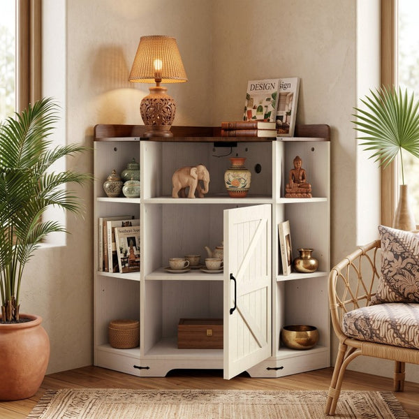 English Elm Corner Industrial Bookshelf Six Cubby Storage Unit with Built-In USB Charging Station W6018P577722