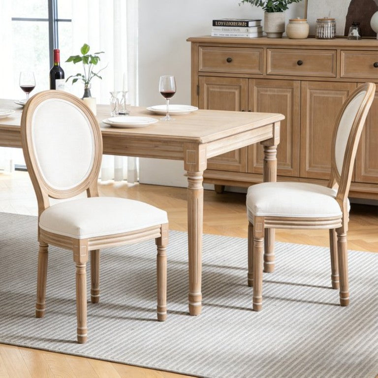 English Elm Farmhouse Rubberwood Dining Chairs with Carved Oak Frame and Linen Cushioned Seats Set of 2 Beige W6098P507918