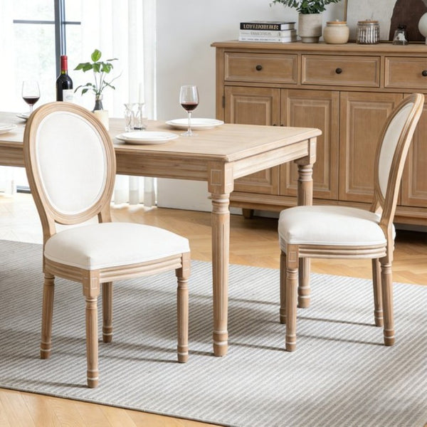 English Elm Farmhouse Rubberwood Dining Chairs with Carved Oak Frame and Linen Cushioned Seats Set of 2 Beige W6098P507918
