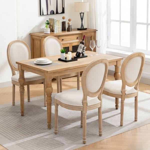 English Elm Farmhouse Rubberwood Dining Chairs with Carved Oak Frame and Linen Cushioned Seats Set of 2 Beige W6098P507918