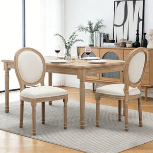 English Elm Farmhouse Rubberwood Dining Chairs with Carved Oak Frame and Linen Cushioned Seats Set of 2 Beige W6098P507918