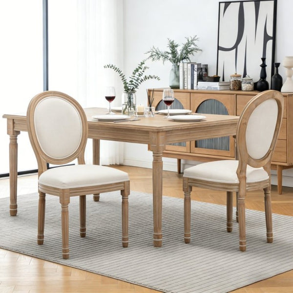 English Elm Farmhouse Rubberwood Dining Chairs with Carved Oak Frame and Linen Cushioned Seats Set of 2 Beige W6098P507918