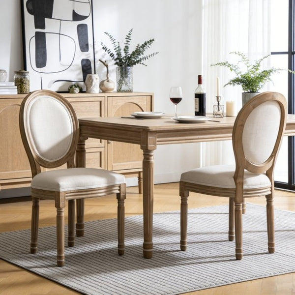 English Elm Farmhouse Rubberwood Dining Chairs with Carved Oak Frame and Linen Cushioned Seats Set of 2 Beige W6098P507918