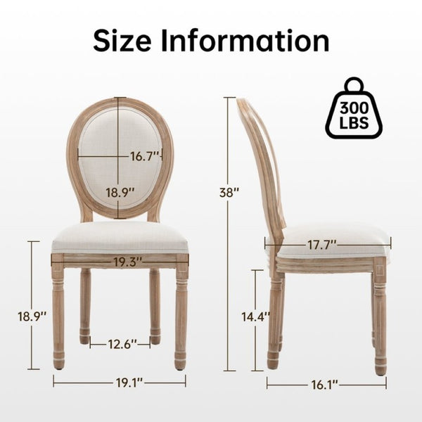 English Elm Farmhouse Rubberwood Dining Chairs with Carved Oak Frame and Linen Cushioned Seats Set of 2 Beige W6098P507918