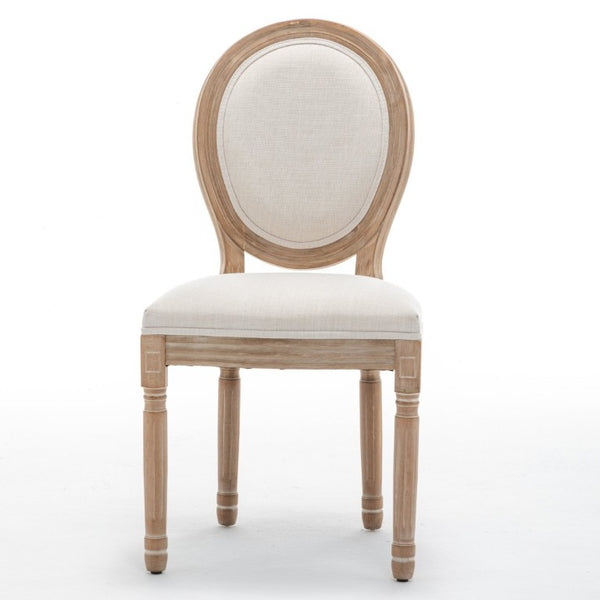 English Elm Farmhouse Rubberwood Dining Chairs with Carved Oak Frame and Linen Cushioned Seats Set of 2 Beige W6098P507918