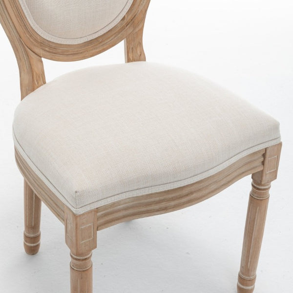 English Elm Farmhouse Rubberwood Dining Chairs with Carved Oak Frame and Linen Cushioned Seats Set of 2 Beige W6098P507918