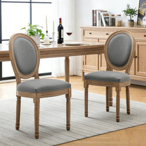 English Elm Farmhouse Rubberwood Dining Chairs with Carved Oak Frame and Linen Cushioned Seats Set of 2 Grey W6098P507919