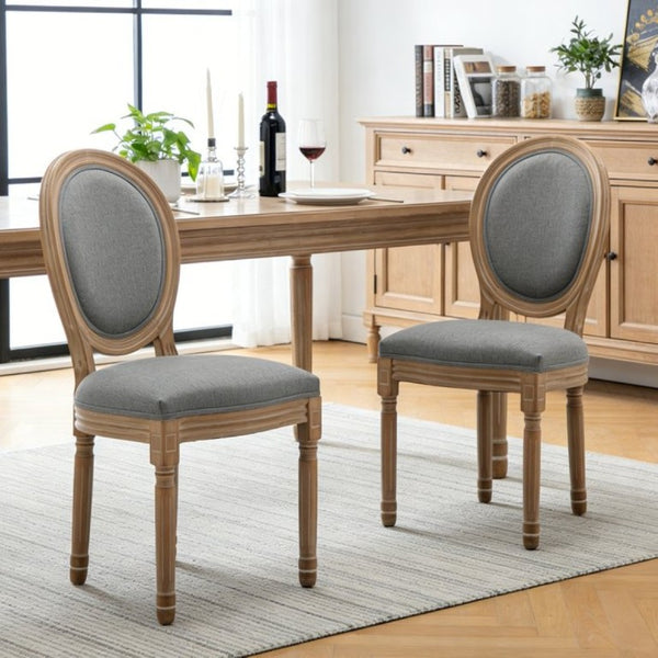 English Elm Farmhouse Rubberwood Dining Chairs with Carved Oak Frame and Linen Cushioned Seats Set of 2 Grey W6098P507919