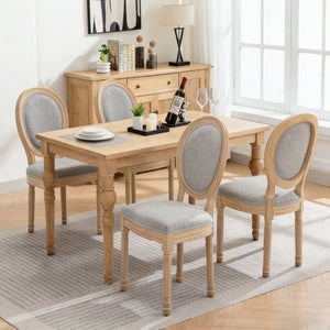 English Elm Farmhouse Rubberwood Dining Chairs with Carved Oak Frame and Linen Cushioned Seats Set of 2 Grey W6098P507919