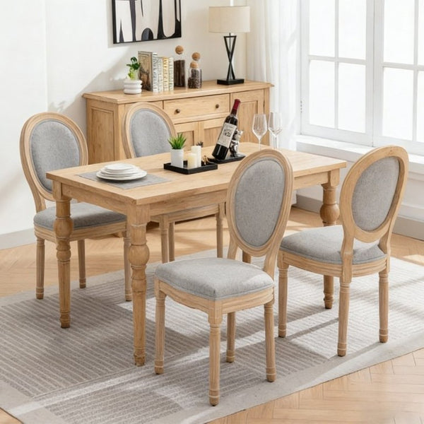 English Elm Farmhouse Rubberwood Dining Chairs with Carved Oak Frame and Linen Cushioned Seats Set of 2 Grey W6098P507919