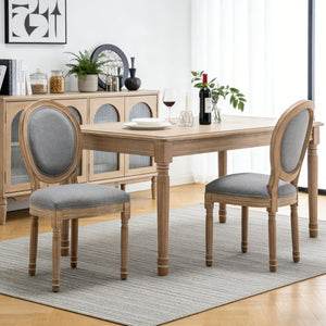 English Elm Farmhouse Rubberwood Dining Chairs with Carved Oak Frame and Linen Cushioned Seats Set of 2 Grey W6098P507919