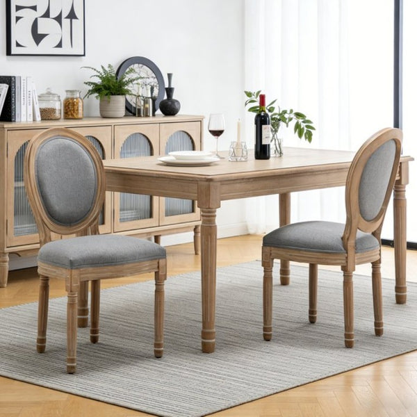 English Elm Farmhouse Rubberwood Dining Chairs with Carved Oak Frame and Linen Cushioned Seats Set of 2 Grey W6098P507919