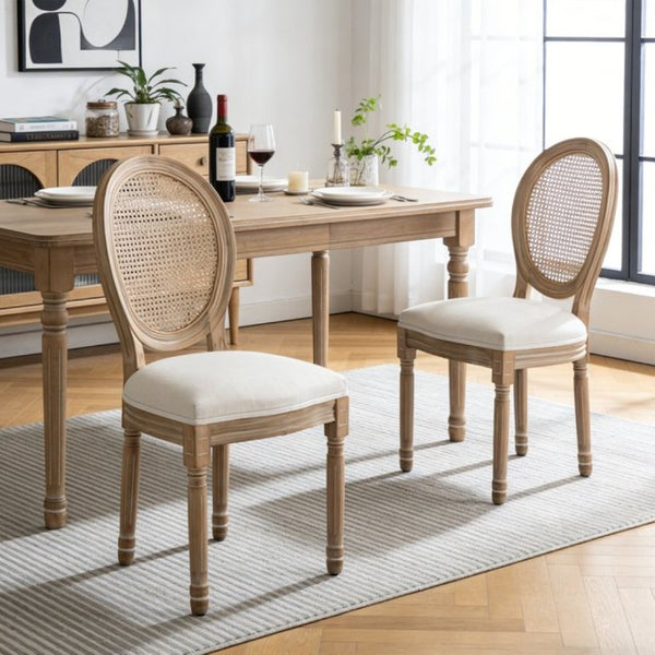 English Elm Farmhouse Rubberwood Dining Chairs with Rattan Back and Linen Cushion Seat Set of 2 Beige W6098P507920