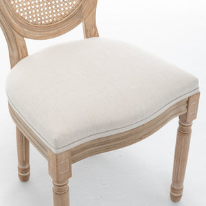 English Elm Farmhouse Rubberwood Dining Chairs with Rattan Back and Linen Cushion Seat Set of 2 Beige W6098P507920