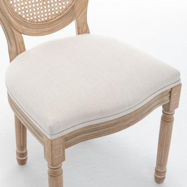 English Elm Farmhouse Rubberwood Dining Chairs with Rattan Back and Linen Cushion Seat Set of 2 Beige W6098P507920
