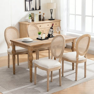 English Elm Farmhouse Rubberwood Dining Chairs with Rattan Back and Linen Cushion Seat Set of 2 Beige W6098P507920