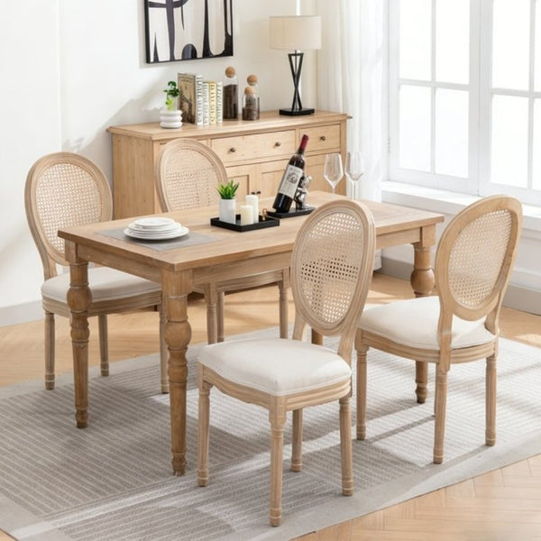 English Elm Farmhouse Rubberwood Dining Chairs with Rattan Back and Linen Cushion Seat Set of 2 Beige W6098P507920