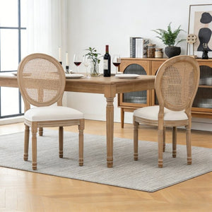 English Elm Farmhouse Rubberwood Dining Chairs with Rattan Back and Linen Cushion Seat Set of 2 Beige W6098P507920