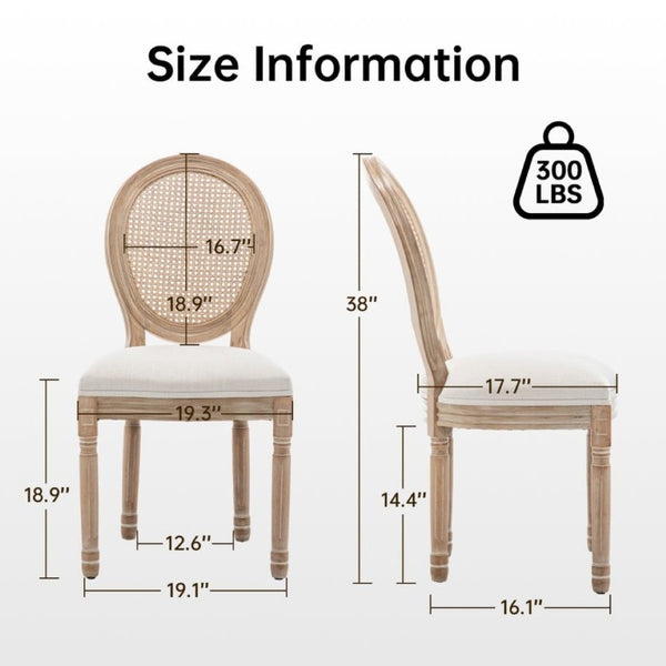 English Elm Farmhouse Rubberwood Dining Chairs with Rattan Back and Linen Cushion Seat Set of 2 Beige W6098P507920