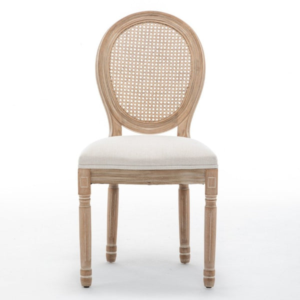 English Elm Farmhouse Rubberwood Dining Chairs with Rattan Back and Linen Cushion Seat Set of 2 Beige W6098P507920