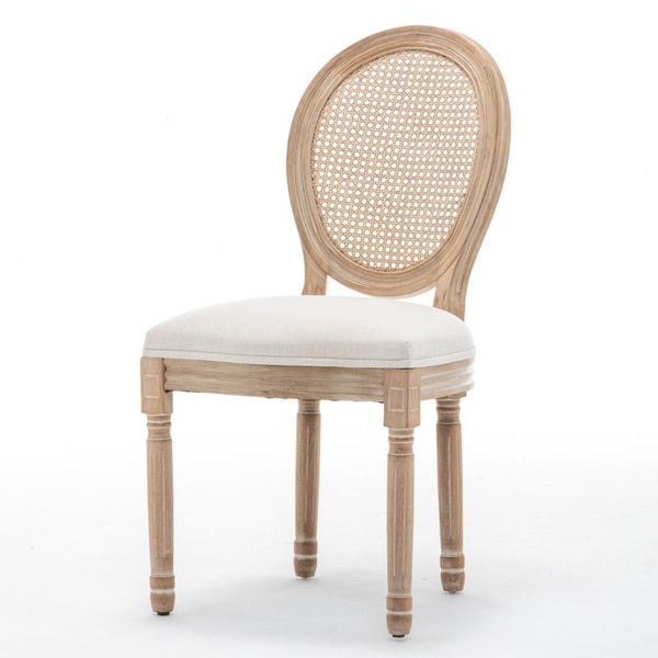 English Elm Farmhouse Rubberwood Dining Chairs with Rattan Back and Linen Cushion Seat Set of 2 Beige W6098P507920