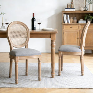 English Elm Farmhouse Rubberwood Dining Chairs with Rattan Back and Linen Cushion Seat Set of 2 Grey W6098P507921