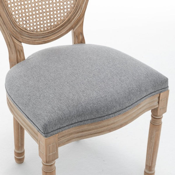 English Elm Farmhouse Rubberwood Dining Chairs with Rattan Back and Linen Cushion Seat Set of 2 Grey W6098P507921