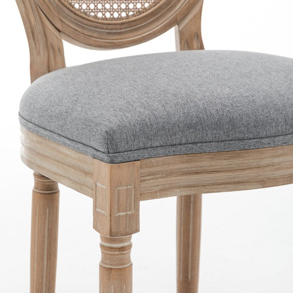 English Elm Farmhouse Rubberwood Dining Chairs with Rattan Back and Linen Cushion Seat Set of 2 Grey W6098P507921