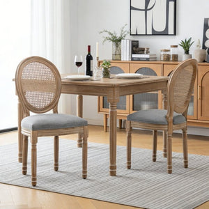 English Elm Farmhouse Rubberwood Dining Chairs with Rattan Back and Linen Cushion Seat Set of 2 Grey W6098P507921