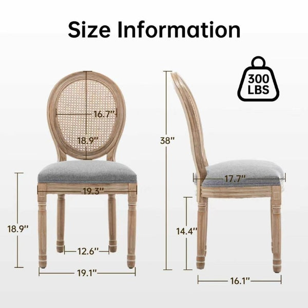 English Elm Farmhouse Rubberwood Dining Chairs with Rattan Back and Linen Cushion Seat Set of 2 Grey W6098P507921
