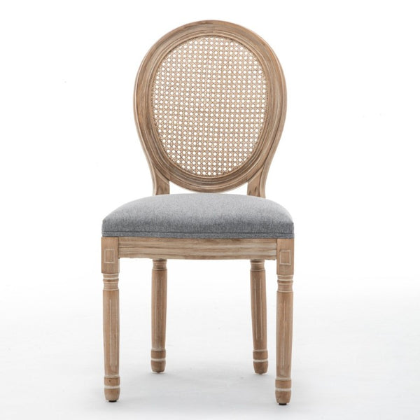 English Elm Farmhouse Rubberwood Dining Chairs with Rattan Back and Linen Cushion Seat Set of 2 Grey W6098P507921