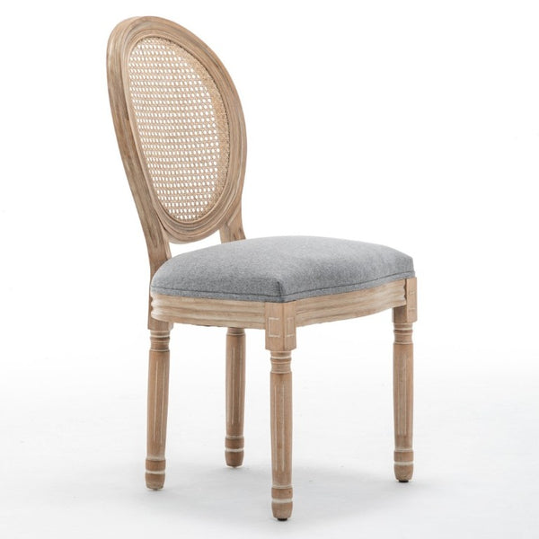 English Elm Farmhouse Rubberwood Dining Chairs with Rattan Back and Linen Cushion Seat Set of 2 Grey W6098P507921