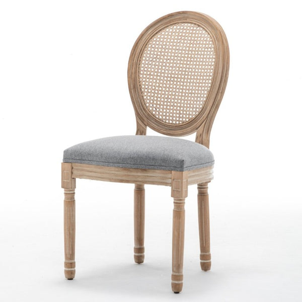 English Elm Farmhouse Rubberwood Dining Chairs with Rattan Back and Linen Cushion Seat Set of 2 Grey W6098P507921