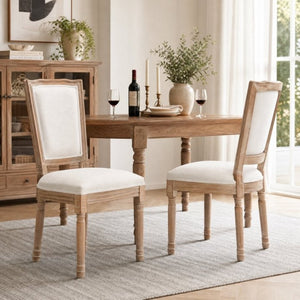 English Elm Farmhouse Rubberwood Dining Chairs Set of 2 with Carved Oak Finish and Linen Cushioned Seats Beige W6098P507922