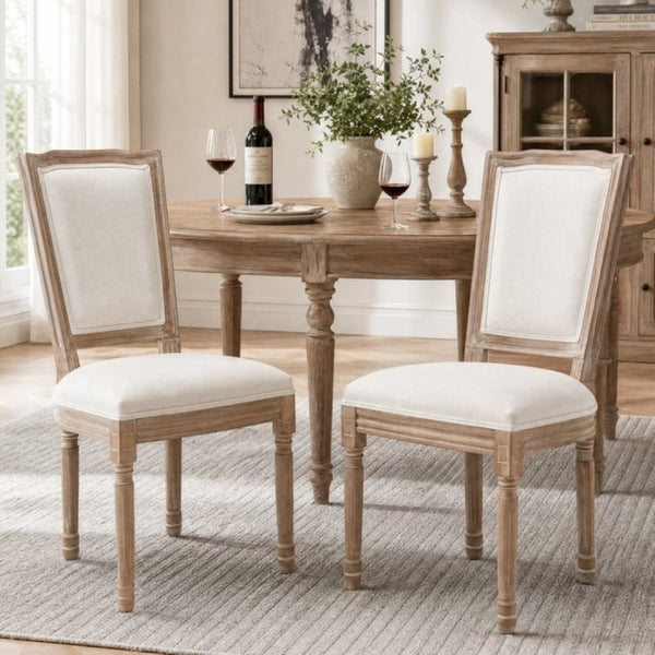 English Elm Farmhouse Rubberwood Dining Chairs Set of 2 with Carved Oak Finish and Linen Cushioned Seats Beige W6098P507922