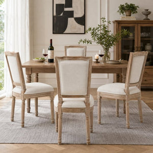 English Elm Farmhouse Rubberwood Dining Chairs Set of 2 with Carved Oak Finish and Linen Cushioned Seats Beige W6098P507922