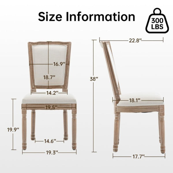 English Elm Farmhouse Rubberwood Dining Chairs Set of 2 with Carved Oak Finish and Linen Cushioned Seats Beige W6098P507922