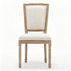 English Elm Farmhouse Rubberwood Dining Chairs Set of 2 with Carved Oak Finish and Linen Cushioned Seats Beige W6098P507922