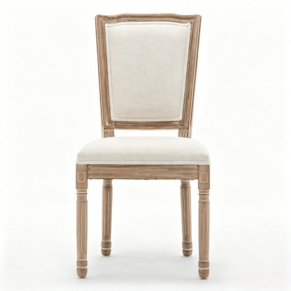 English Elm Farmhouse Rubberwood Dining Chairs Set of 2 with Carved Oak Finish and Linen Cushioned Seats Beige W6098P507922