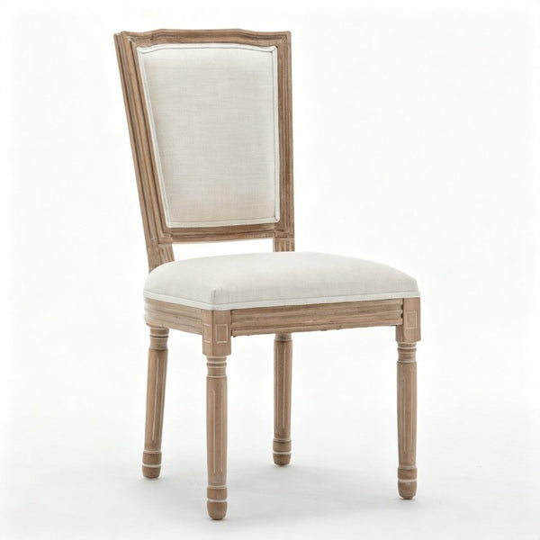 English Elm Farmhouse Rubberwood Dining Chairs Set of 2 with Carved Oak Finish and Linen Cushioned Seats Beige W6098P507922
