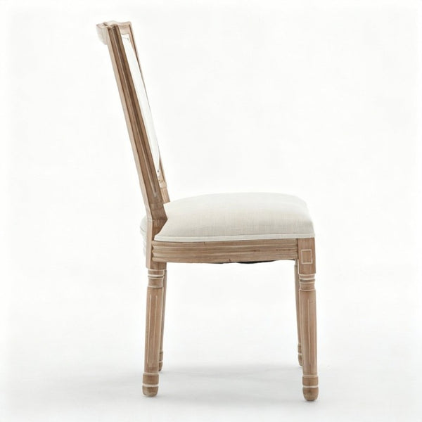 English Elm Farmhouse Rubberwood Dining Chairs Set of 2 with Carved Oak Finish and Linen Cushioned Seats Beige W6098P507922