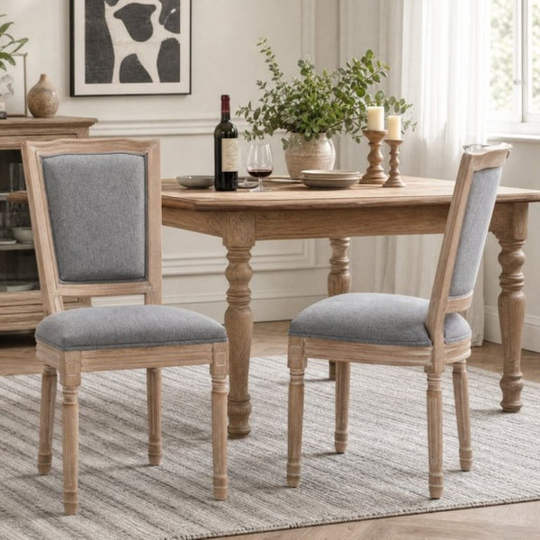 English Elm Farmhouse Rubberwood Dining Chairs Set of 2 with Carved Oak Finish and Linen Cushioned Seats Grey W6098P507923