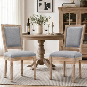 English Elm Farmhouse Rubberwood Dining Chairs Set of 2 with Carved Oak Finish and Linen Cushioned Seats Grey W6098P507923