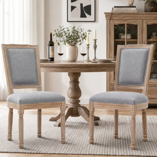 English Elm Farmhouse Rubberwood Dining Chairs Set of 2 with Carved Oak Finish and Linen Cushioned Seats Grey W6098P507923