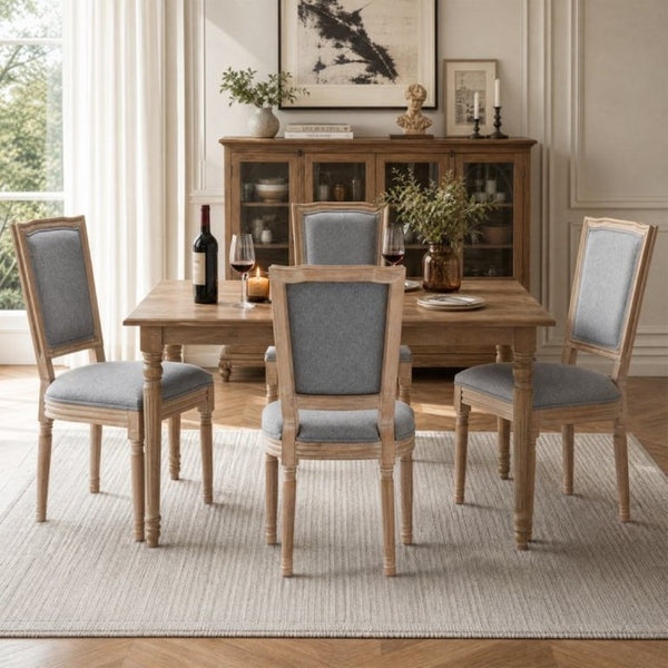 English Elm Farmhouse Rubberwood Dining Chairs Set of 2 with Carved Oak Finish and Linen Cushioned Seats Grey W6098P507923