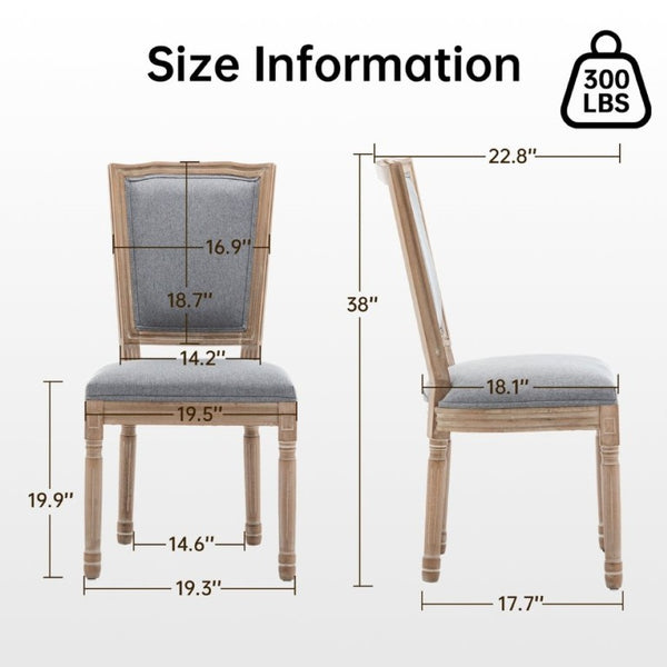 English Elm Farmhouse Rubberwood Dining Chairs Set of 2 with Carved Oak Finish and Linen Cushioned Seats Grey W6098P507923