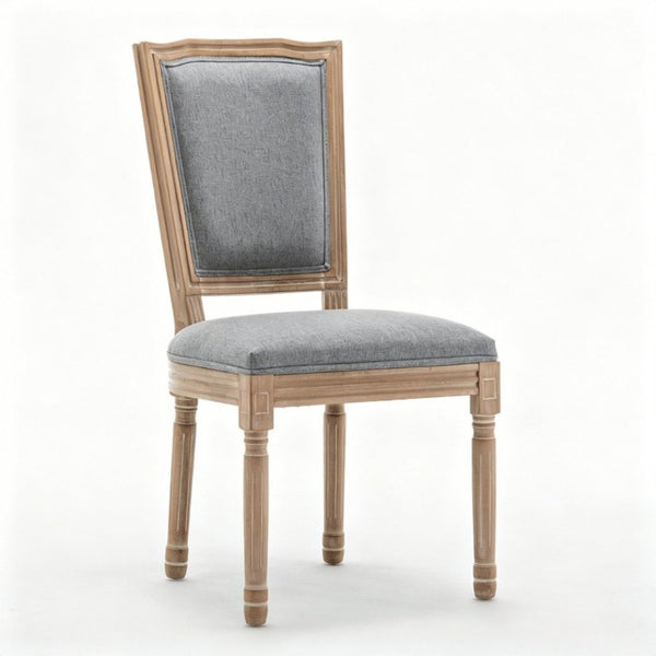 English Elm Farmhouse Rubberwood Dining Chairs Set of 2 with Carved Oak Finish and Linen Cushioned Seats Grey W6098P507923